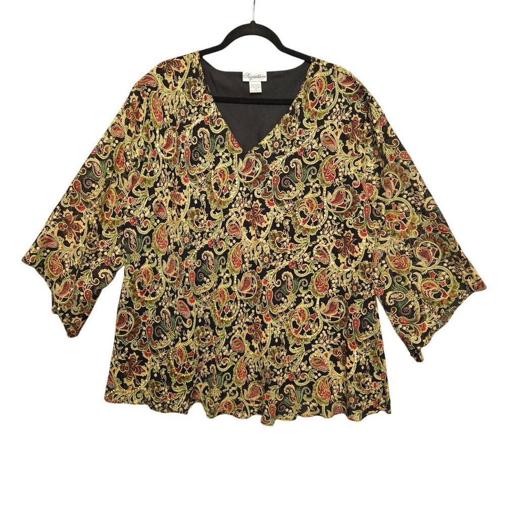 Vintage 3X Paisley V-Neck Blouse Bell Sleeves Black Gold Sequin Holiday‎ Drop